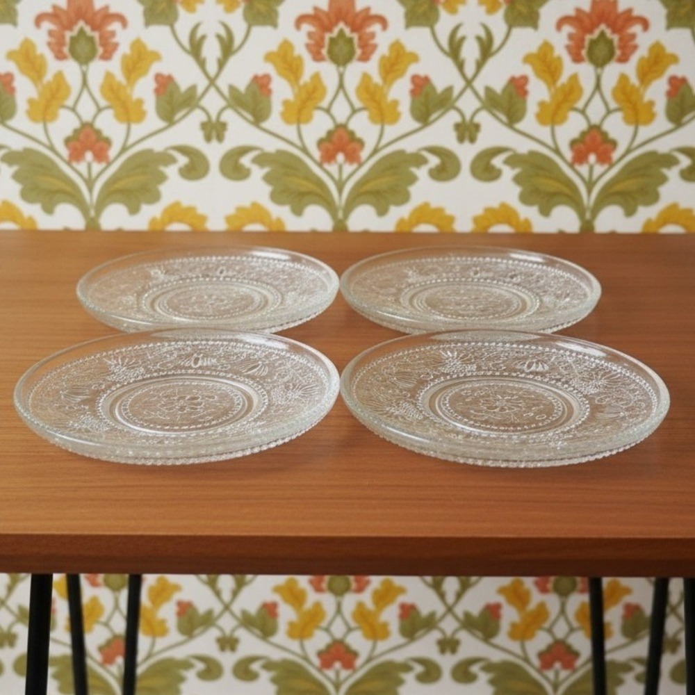 Sandwich Glass Clear Bread‎ Plates, Set of 4, Vintage Floral Scroll Pattern